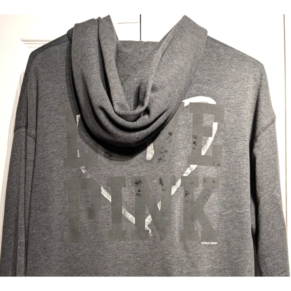 Victoria Secret PINK LOVE Women XS Gray Zip Hoodie with Big Heart on‎ Back Y2K